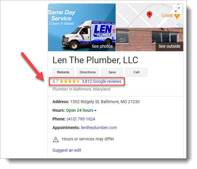 Plumber reviews displayed in local SEO search results