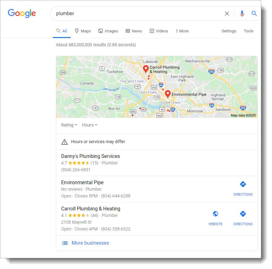 Local SEO results for the search "plumber"