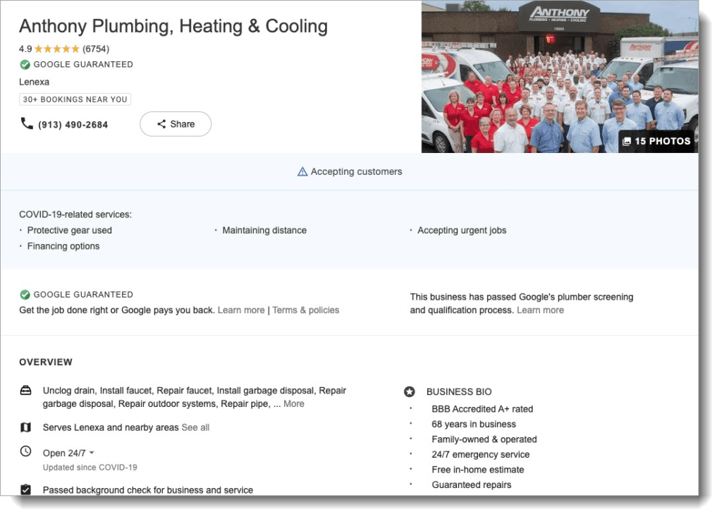 screenshot of a plumbing company's local services profile