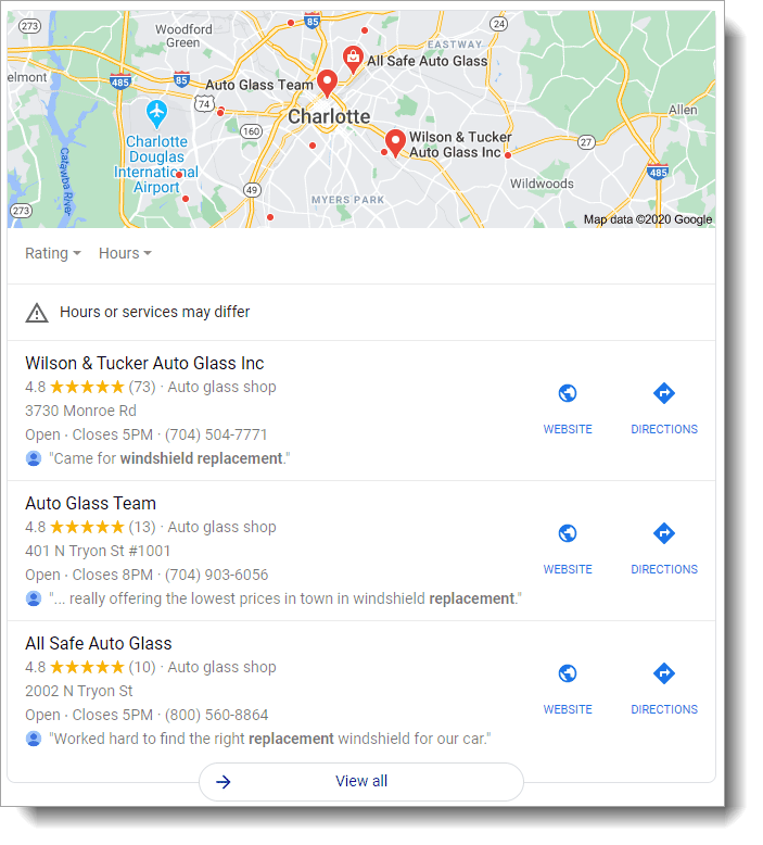 screenshot of local SEO results for window and door companies