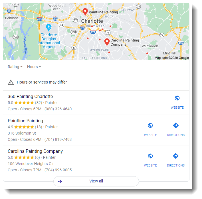 Google local pack results for painting companies