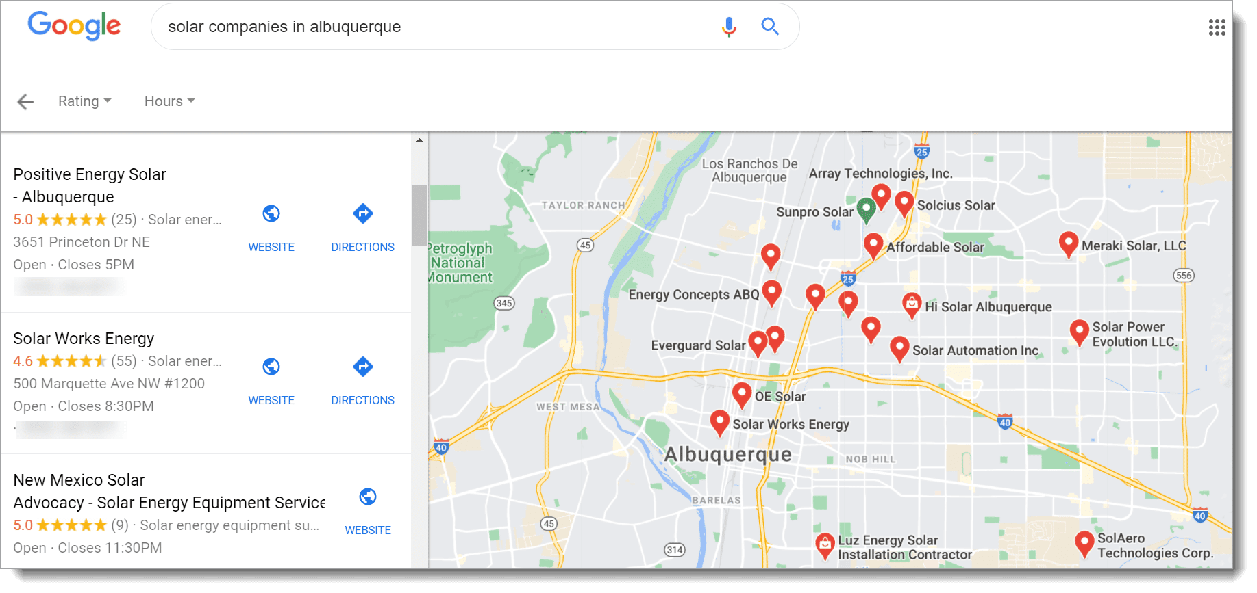 Screenshot of Google Maps results