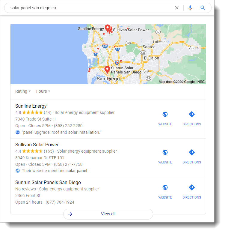 screenshot of local SEO results for solar companies