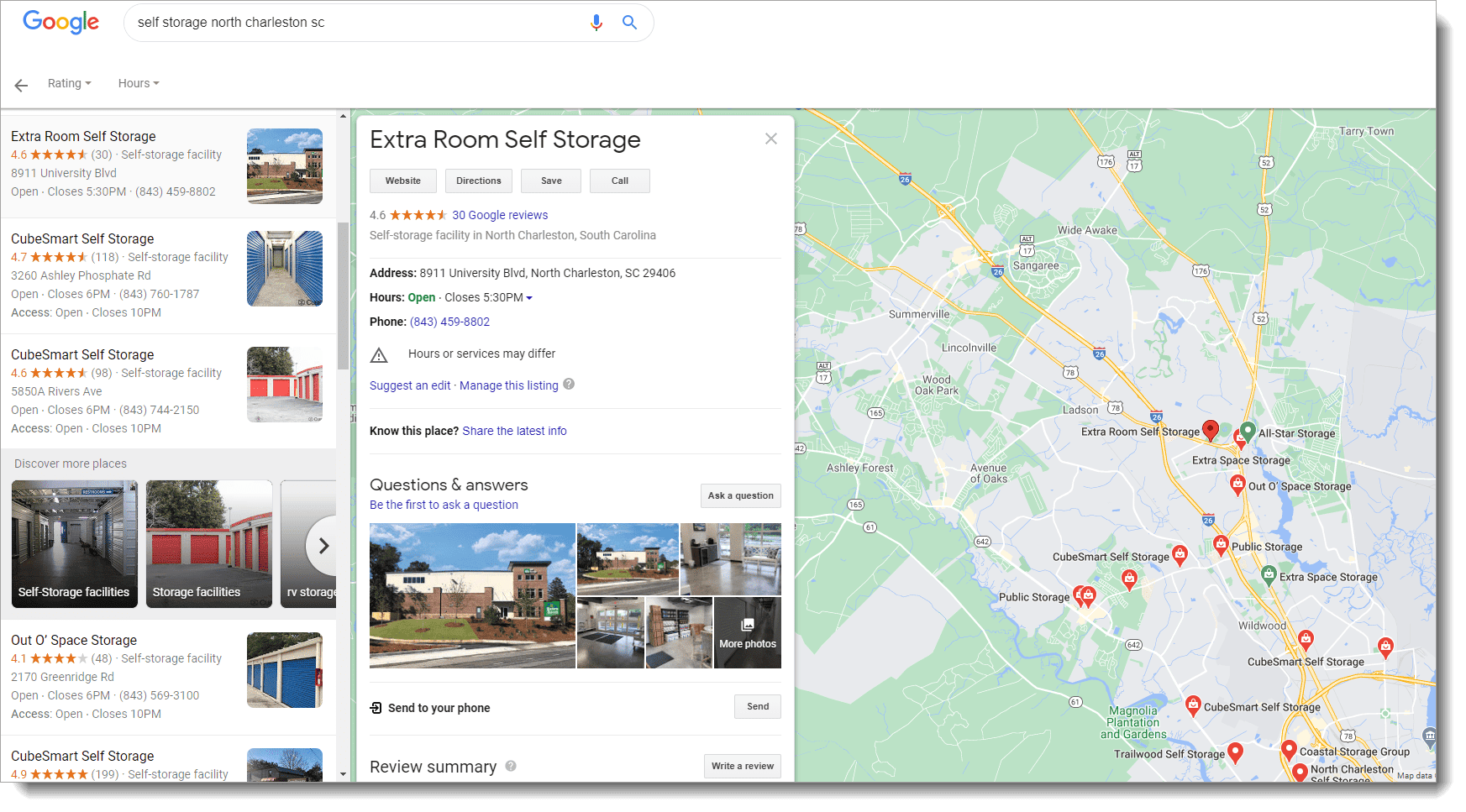 Google Maps listing for a local storage company