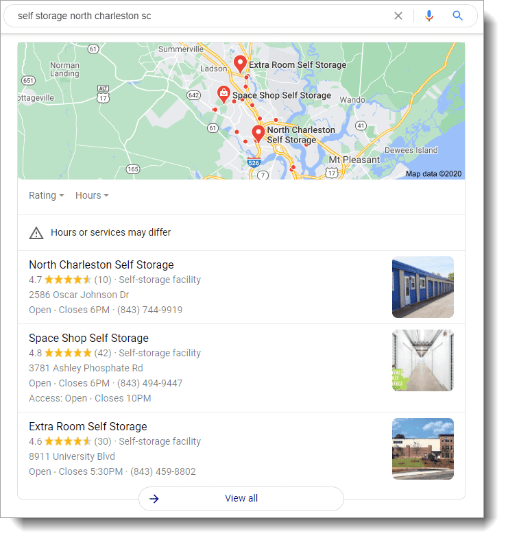 local SEO results for self storage facility