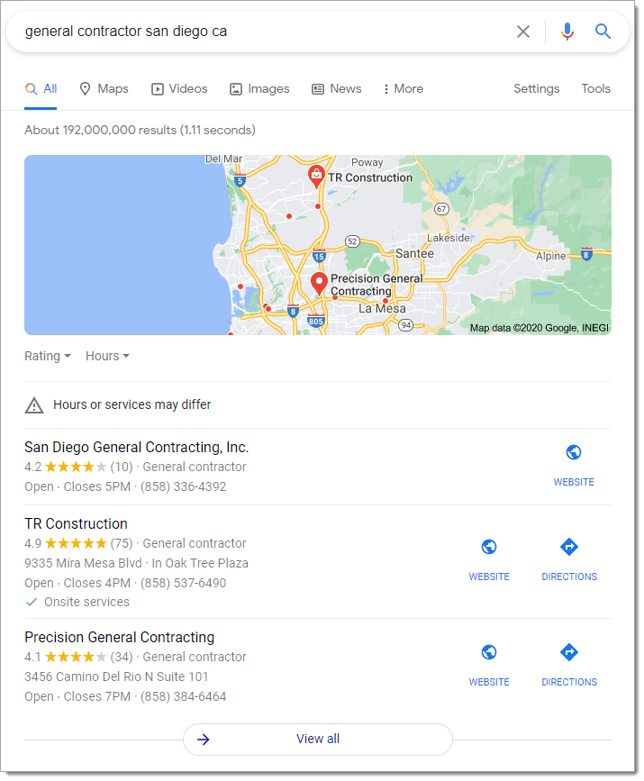 Screenshot of local SEO results for contractors