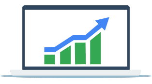 White laptop screen showing a green bar graph with an upward trend