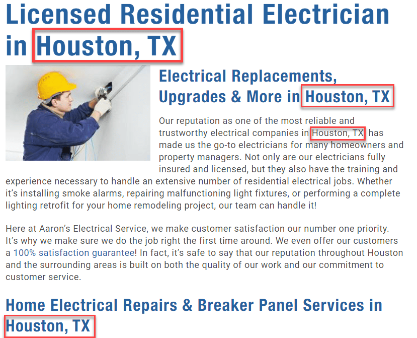 Locally-optimized web content for electrical contractor