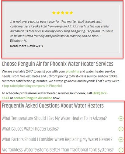Reviews on a plumber's website