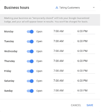 Set business hours in Google Local Services