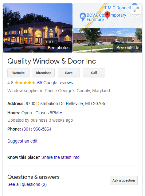 Knowledge Panel for window and door company