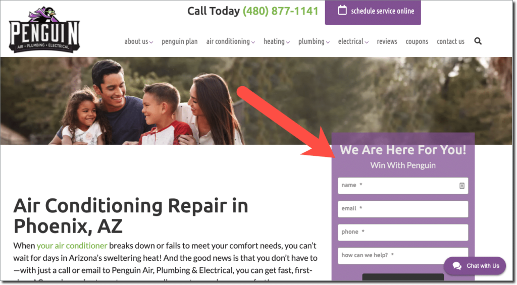 above-the-fold contact form on HVAC website
