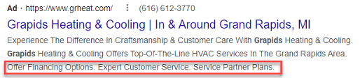 PPC callout extensions for HVAC company