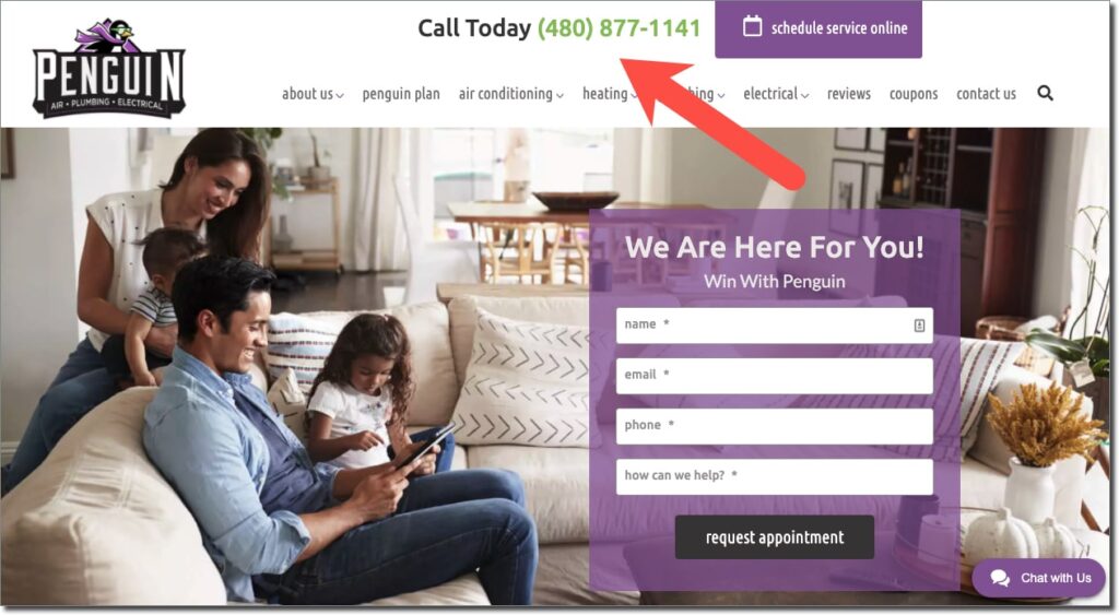Phone number call to action on desktop version of website