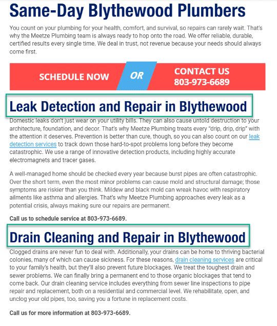 Landing page for plumbing company with geo-targeted content