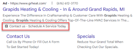 HVAC company's lead form extension from Google Ads