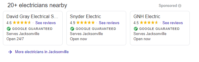 Local Services Ads for electricians search results