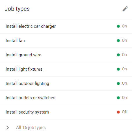 Job types within Local Services Ads for electricians