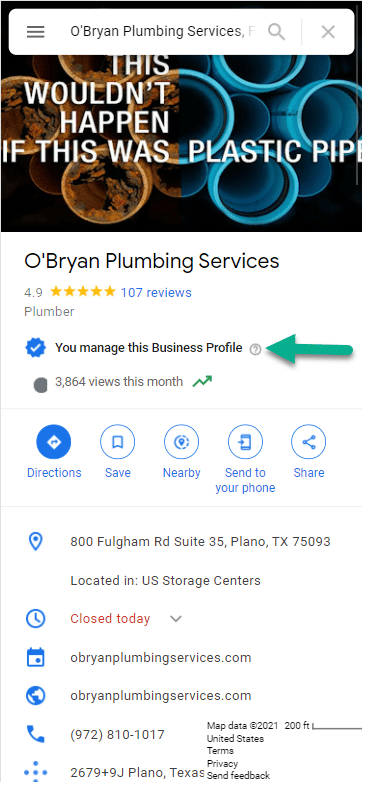 Plumber search result in Google Maps