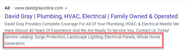 Structured snippet extension on PPC ad for HVAC, plumbing, and electrical company