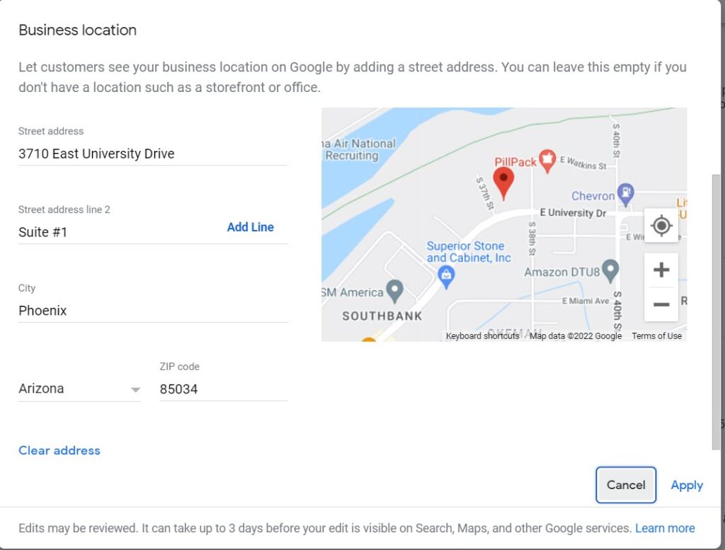 Google Business Profile business location and pin