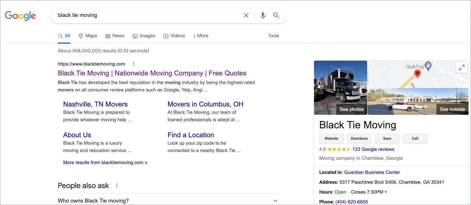 Google search results for the branded query "Black Tie Moving"