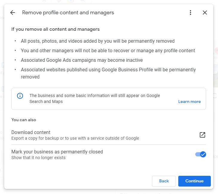 Removing Google Business Profile content and managers