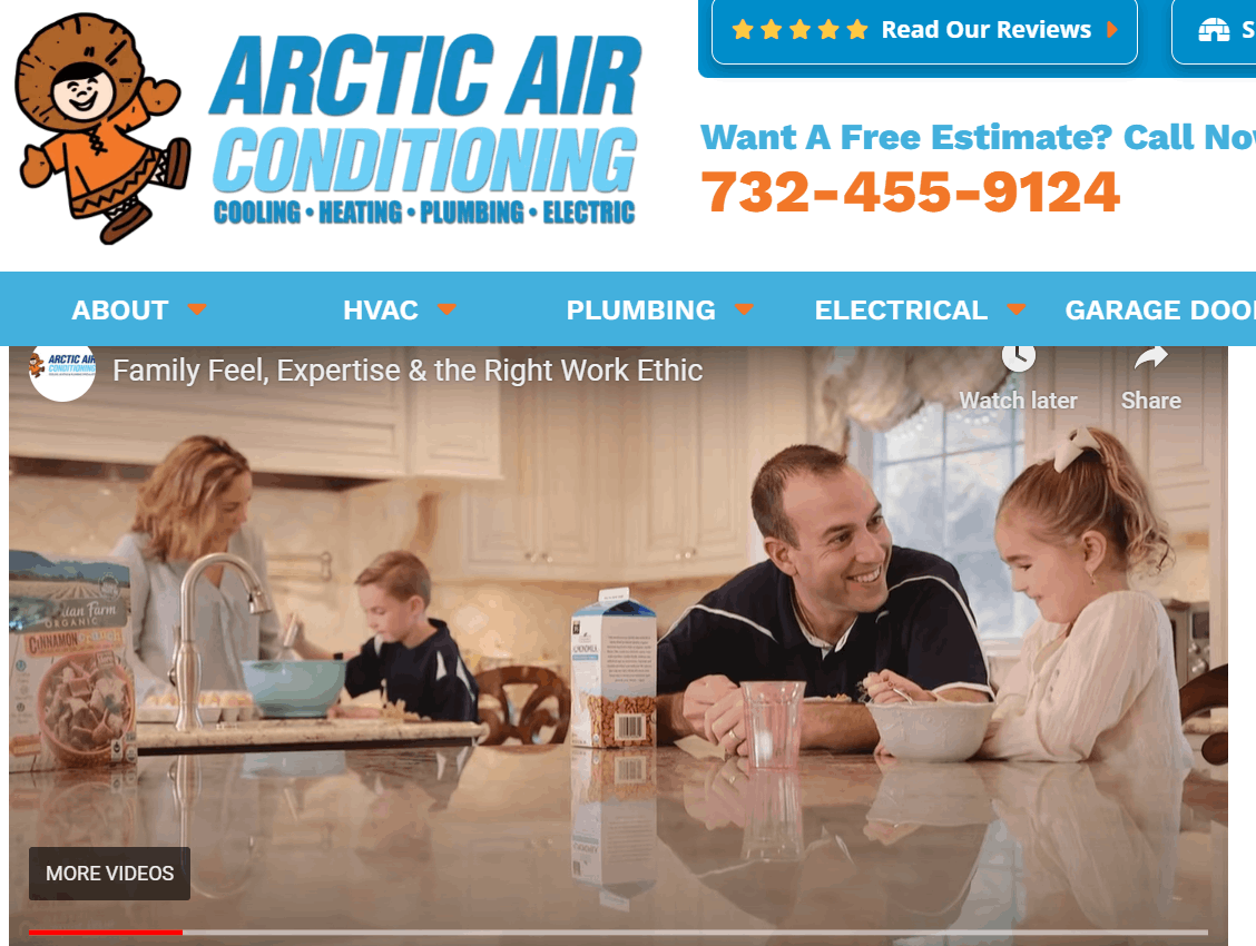 An HVAC website's "about" page showing a video about how much they care about their customers.