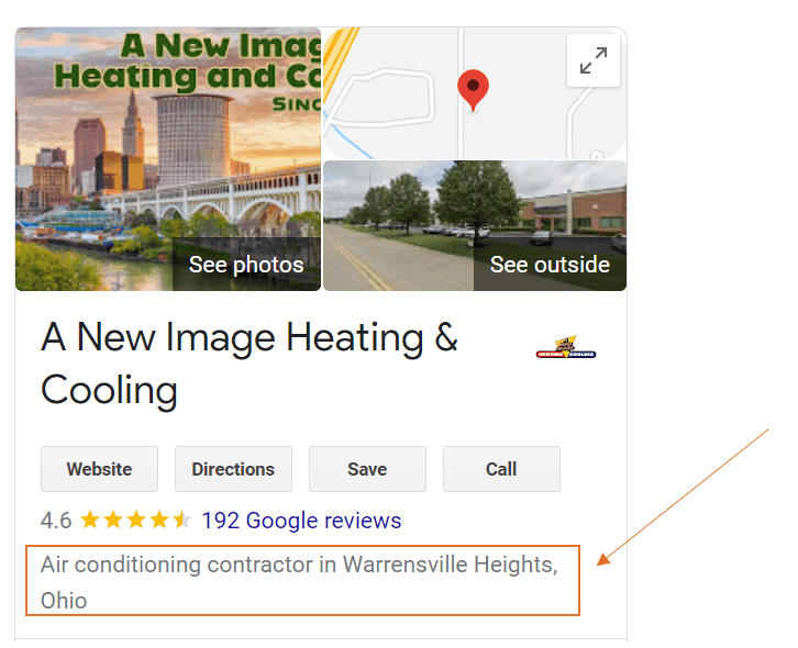 An HVAC company's GBP showing their business category.