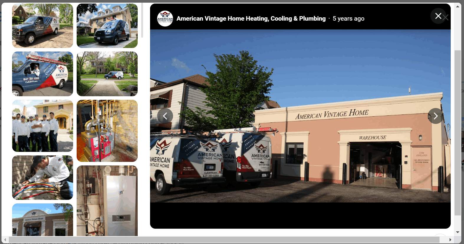 An HVAC company's GBP showing photos of their building and their branded work vans.