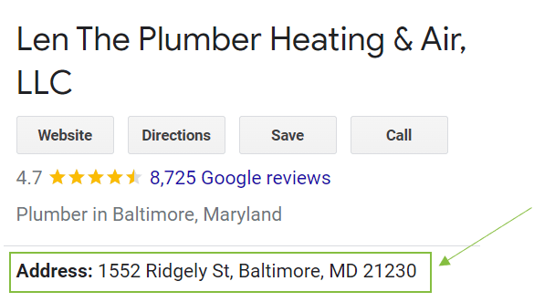 A GBP page showing a company's address.