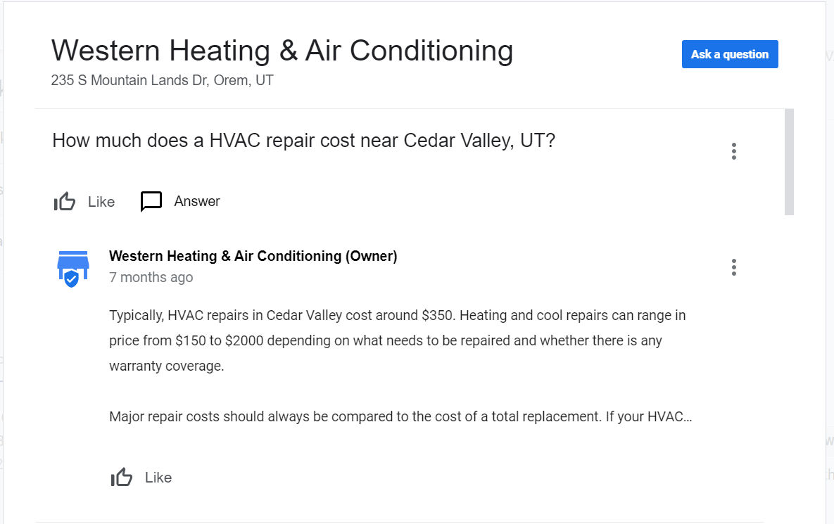 The question and answer section of an HVAC company's GBP.