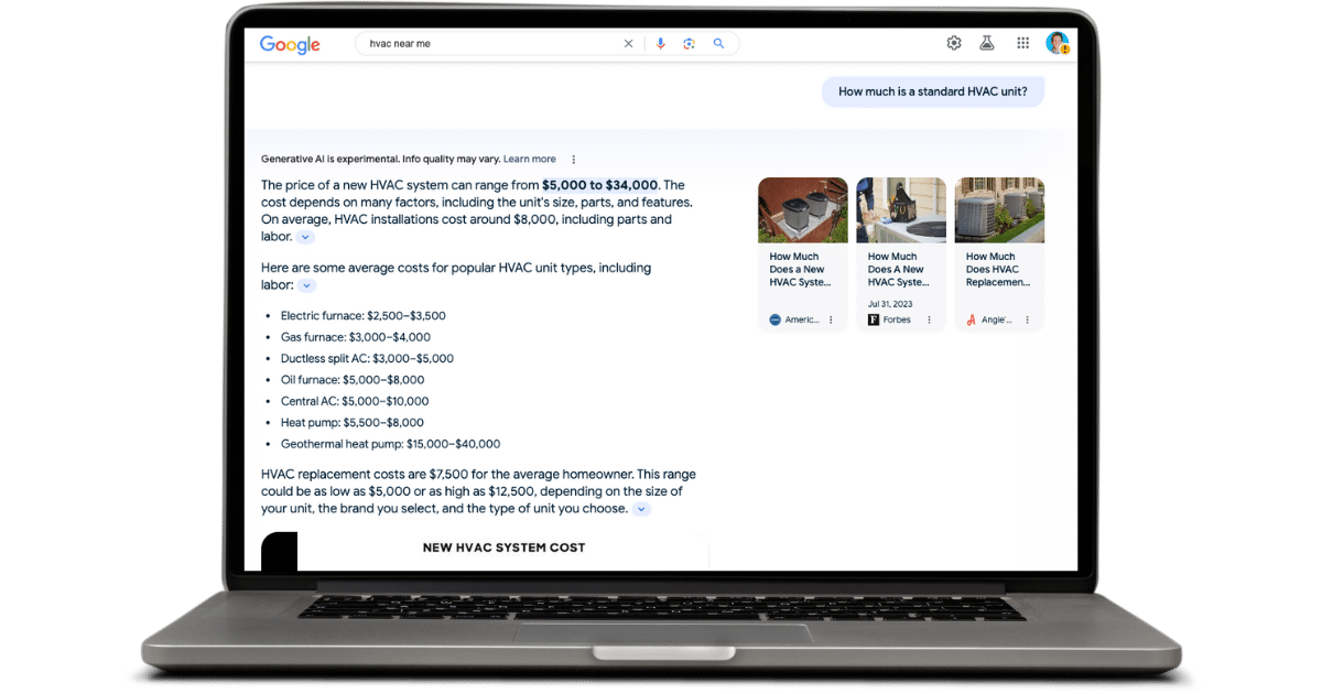 HVAC neaer me search results on Google SGE