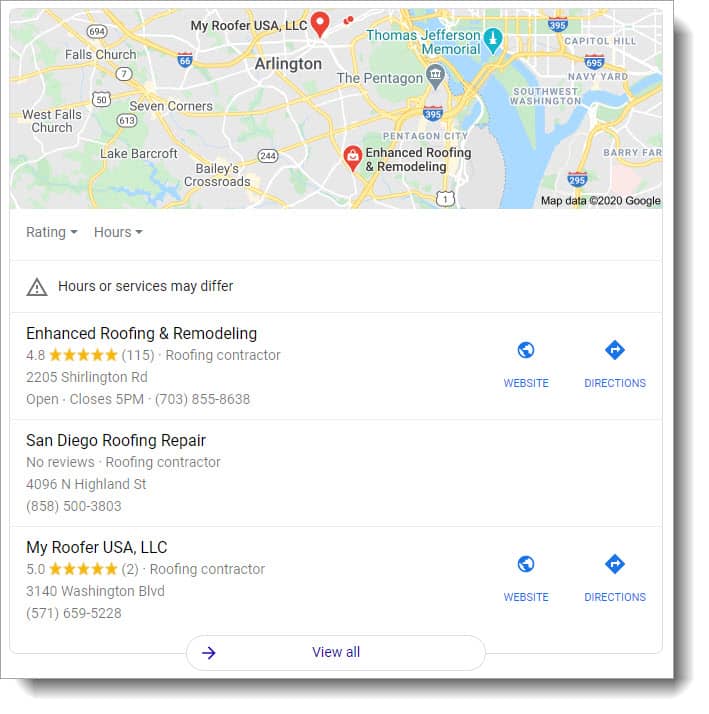 local pack rankings for "roofer near me"