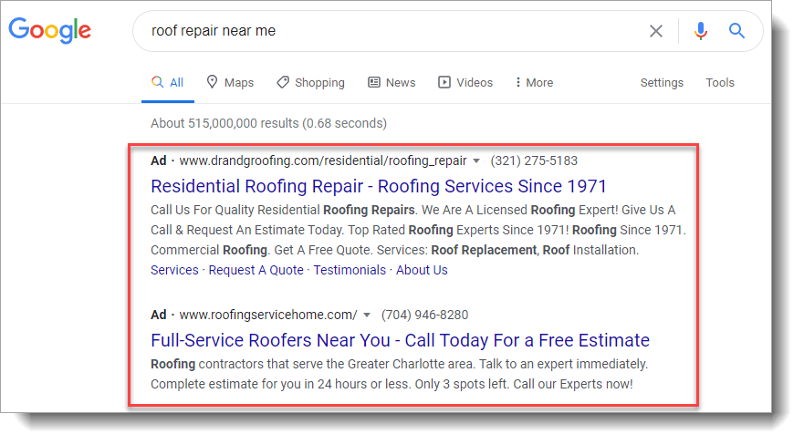 PPC results for the keyword roof repair near me